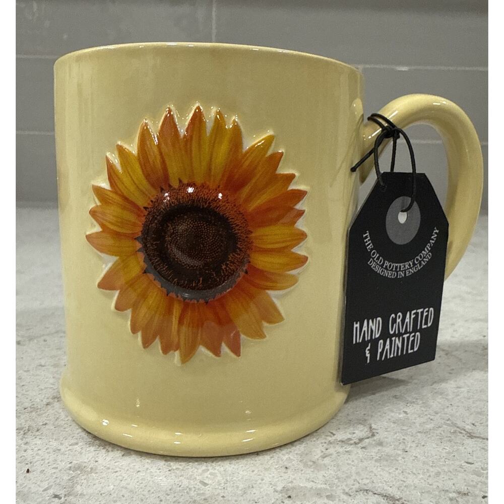 The Old Pottery Company SUNFLOWER Relief 12oz Coffee Mug Hand Painted YELLOW NEW